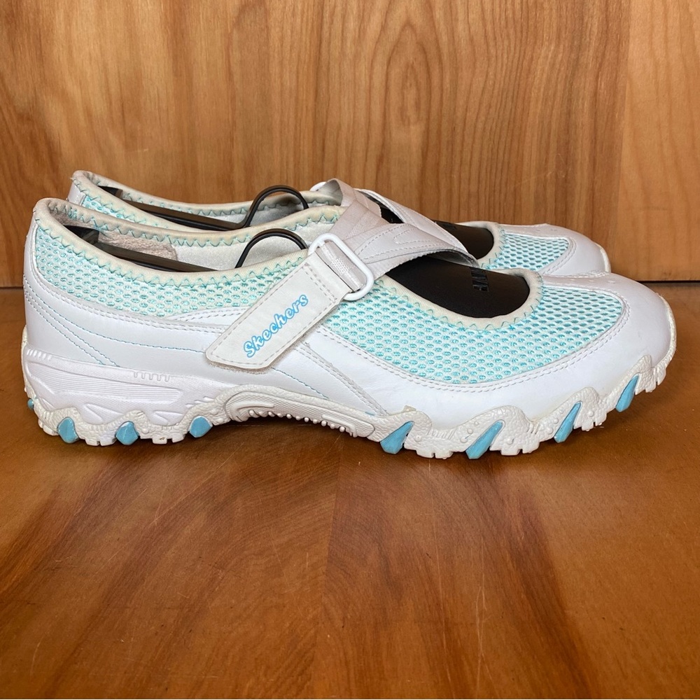 Womens 7.5 Skechers Velcro Strap Maryjane Shoes White Blue CCKC2017